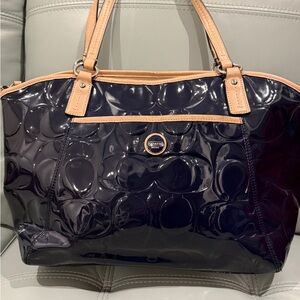Coach Glossy Navy and Tan Tote Bag